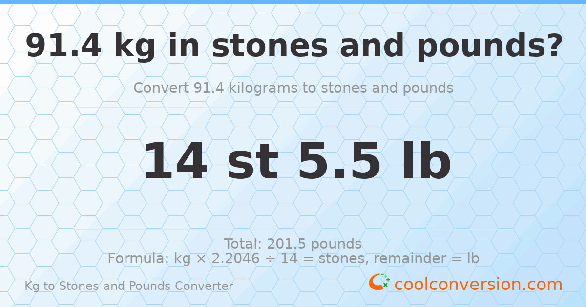 91.4 kg to stones and pounds — 91.4 kg = 14 st 5.50 lb