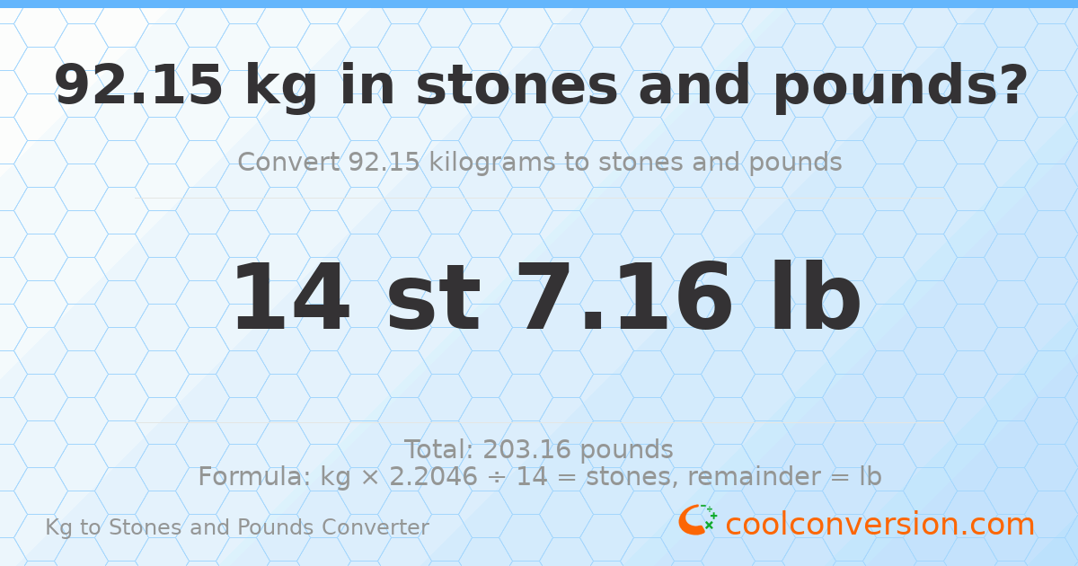 92.15 kg to stones and pounds — 92.15 kg = 14 st 7.16 lb