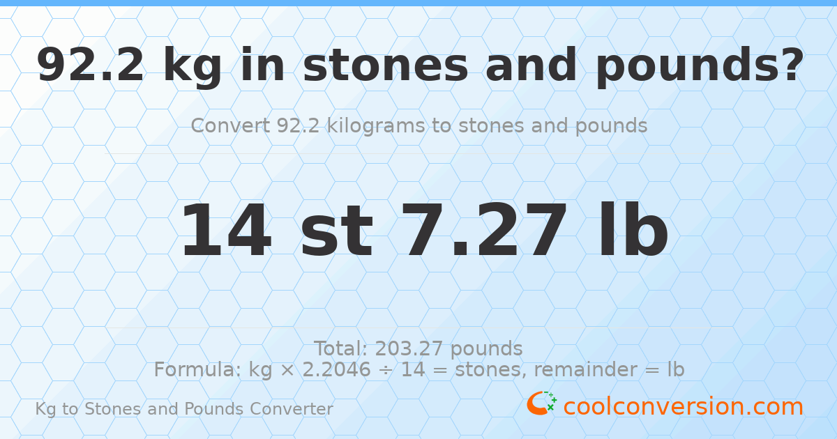 92.2 kg to stones and pounds — 92.2 kg = 14 st 7.27 lb