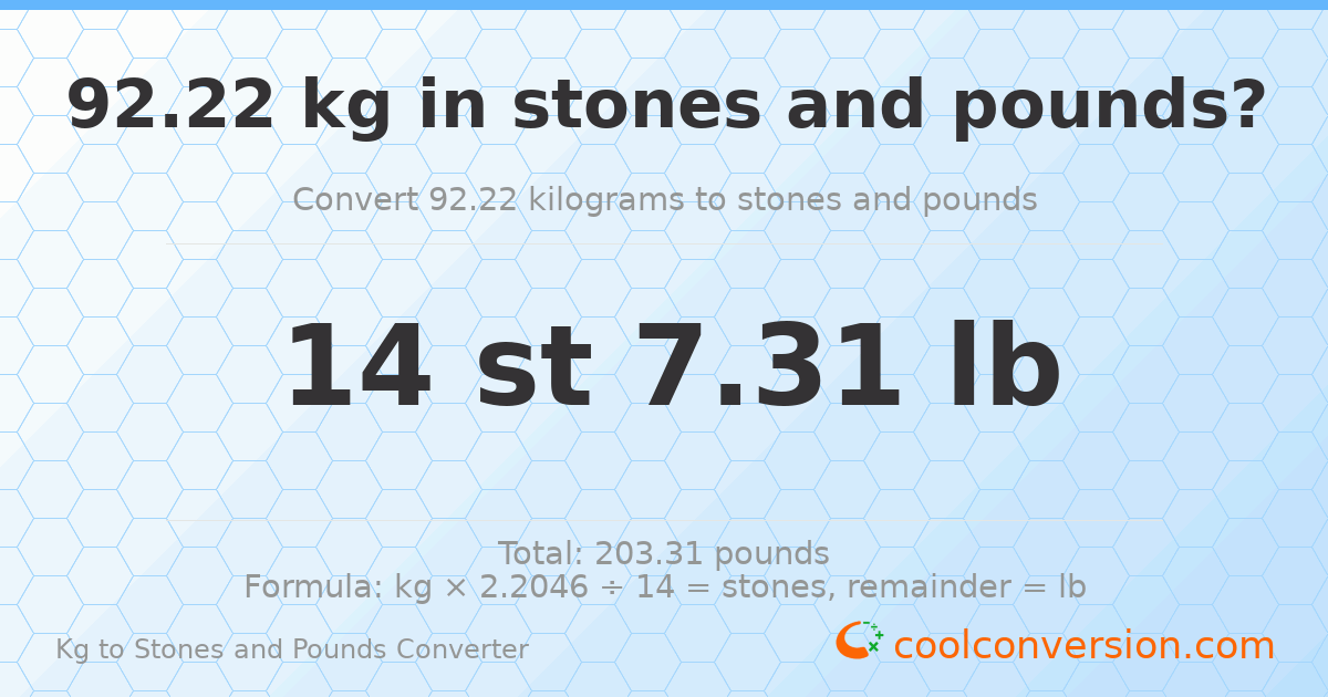 92.22 kg to stones and pounds — 92.22 kg = 14 st 7.31 lb