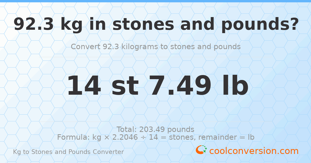 92.3 kg to stones and pounds — 92.3 kg = 14 st 7.49 lb