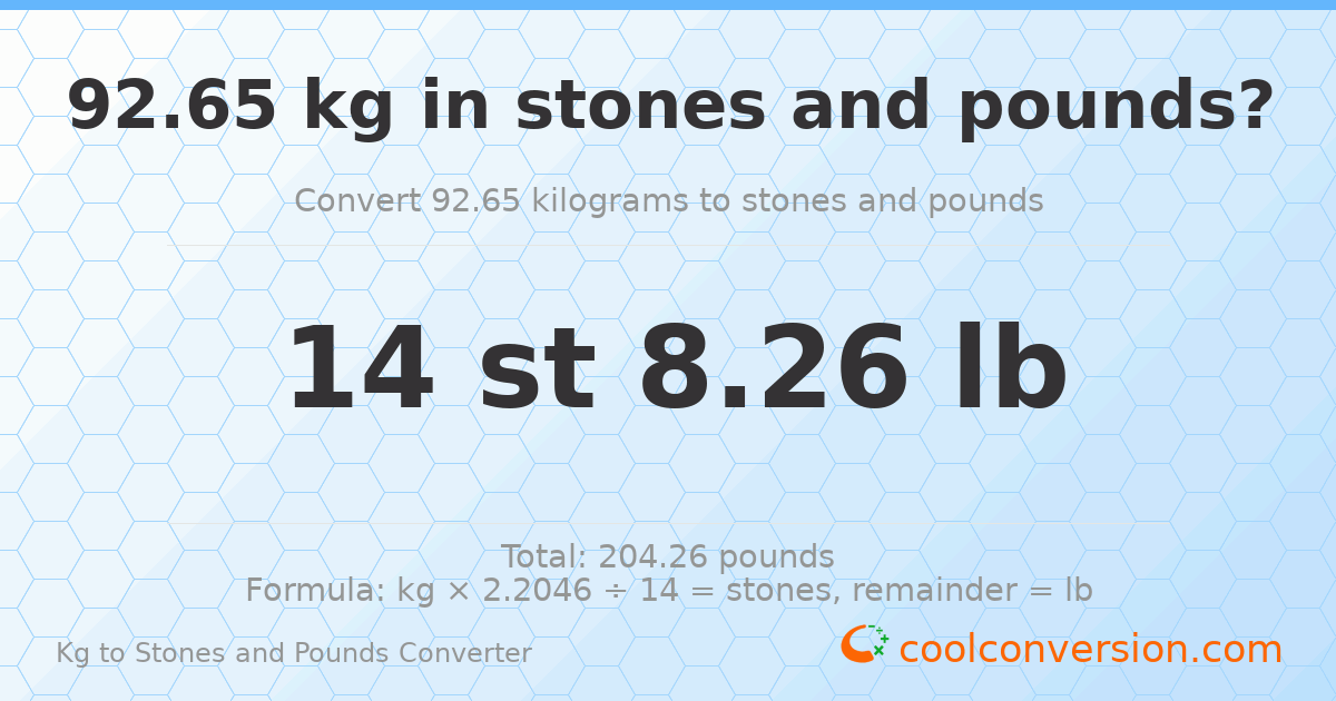 92.65 kg to stones and pounds — 92.65 kg = 14 st 8.26 lb