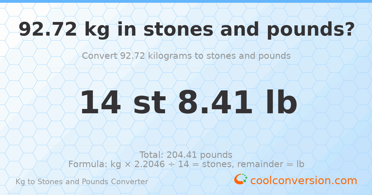92.72 kg to stones and pounds — 92.72 kg = 14 st 8.41 lb