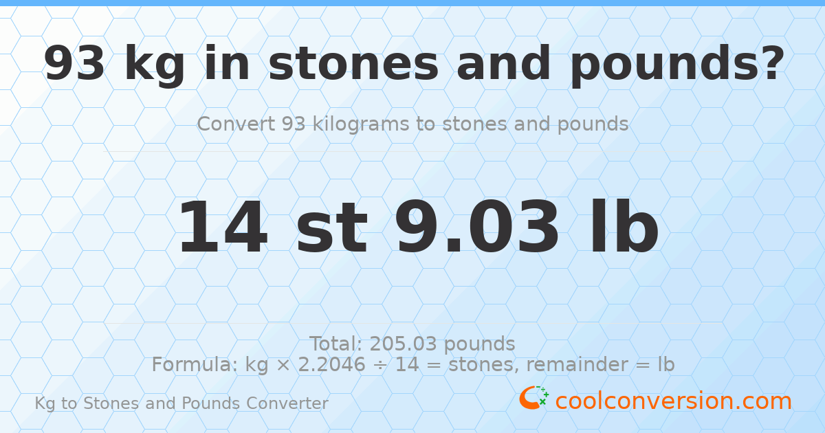 93 kg to stones and pounds — 93 kg = 14 st 9.03 lb