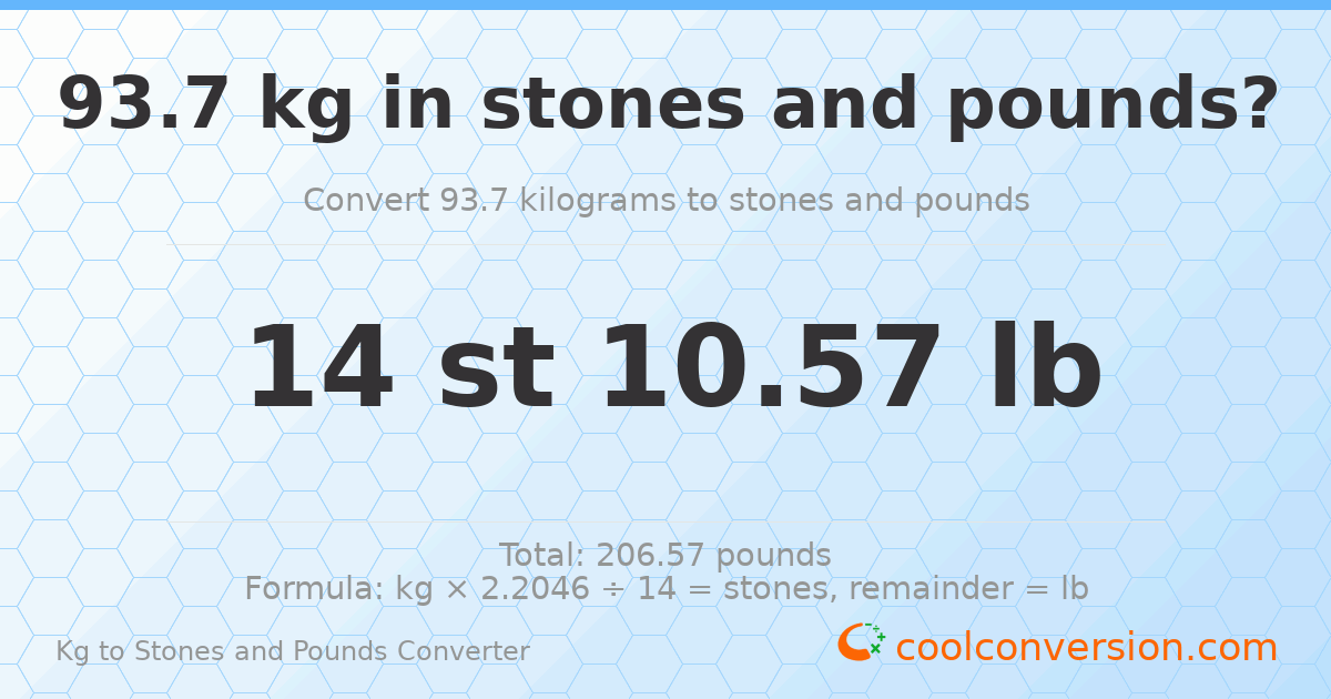 93.70 kg to stones and pounds — 93.70 kg = 14 st 10.57 lb