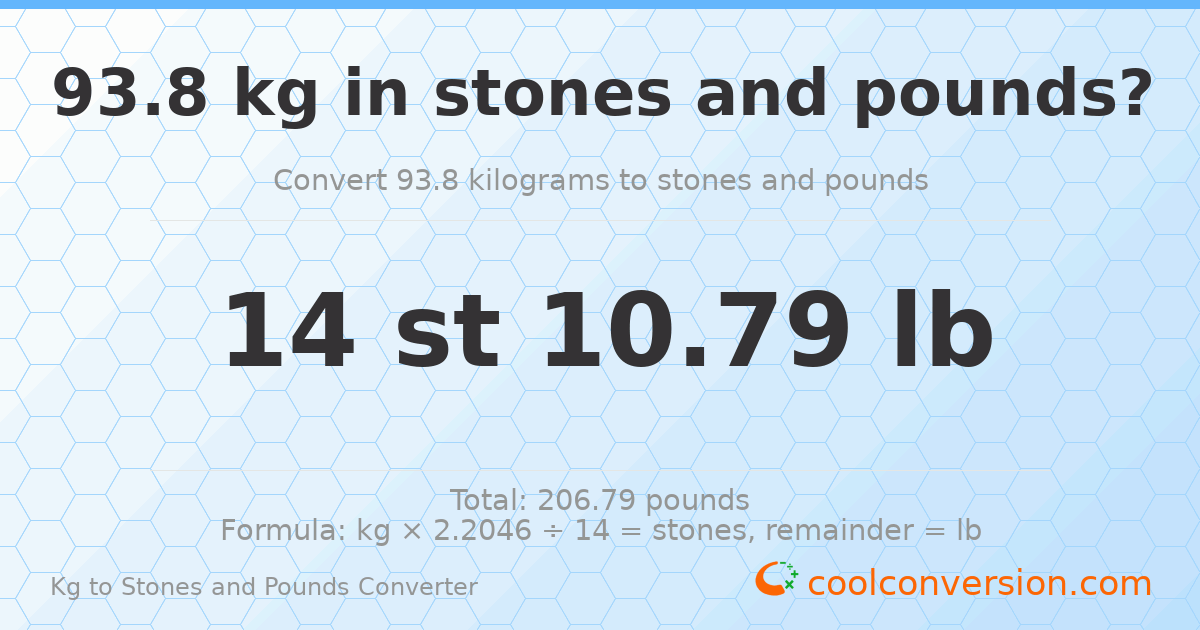 93.8 kg to stones and pounds — 93.8 kg = 14 st 10.79 lb