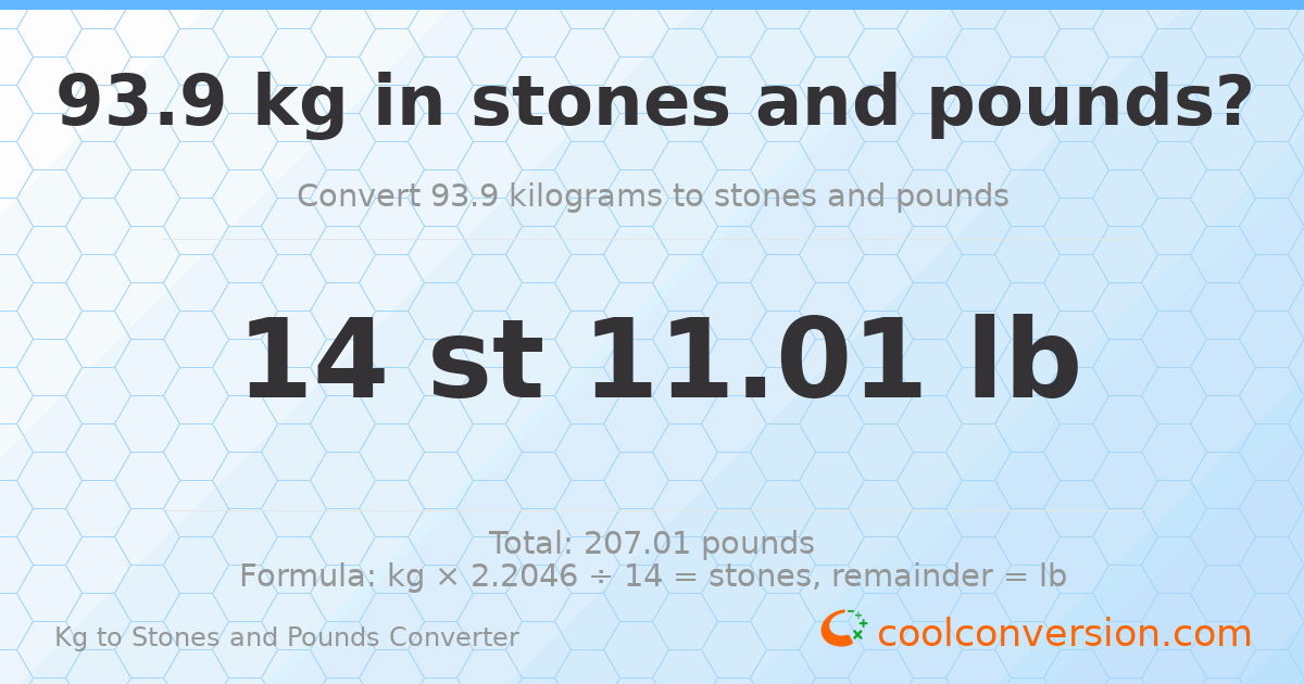 93.9 kg to stones and pounds — 93.9 kg = 14 st 11.01 lb