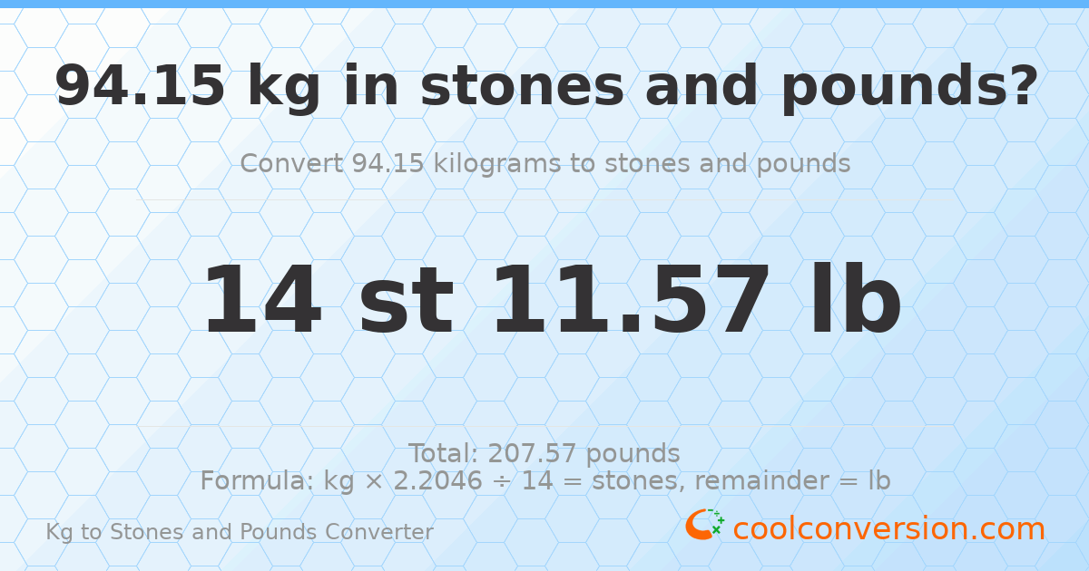 94.15 kg to stones and pounds — 94.15 kg = 14 st 11.57 lb