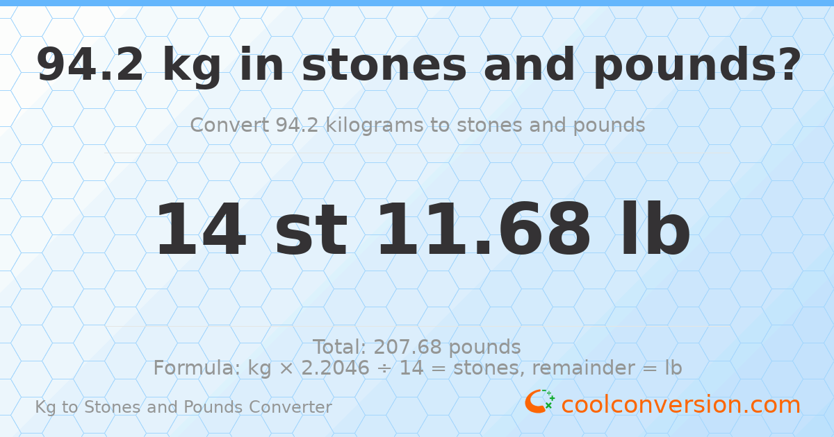 94.2 kg to stones and pounds — 94.2 kg = 14 st 11.68 lb
