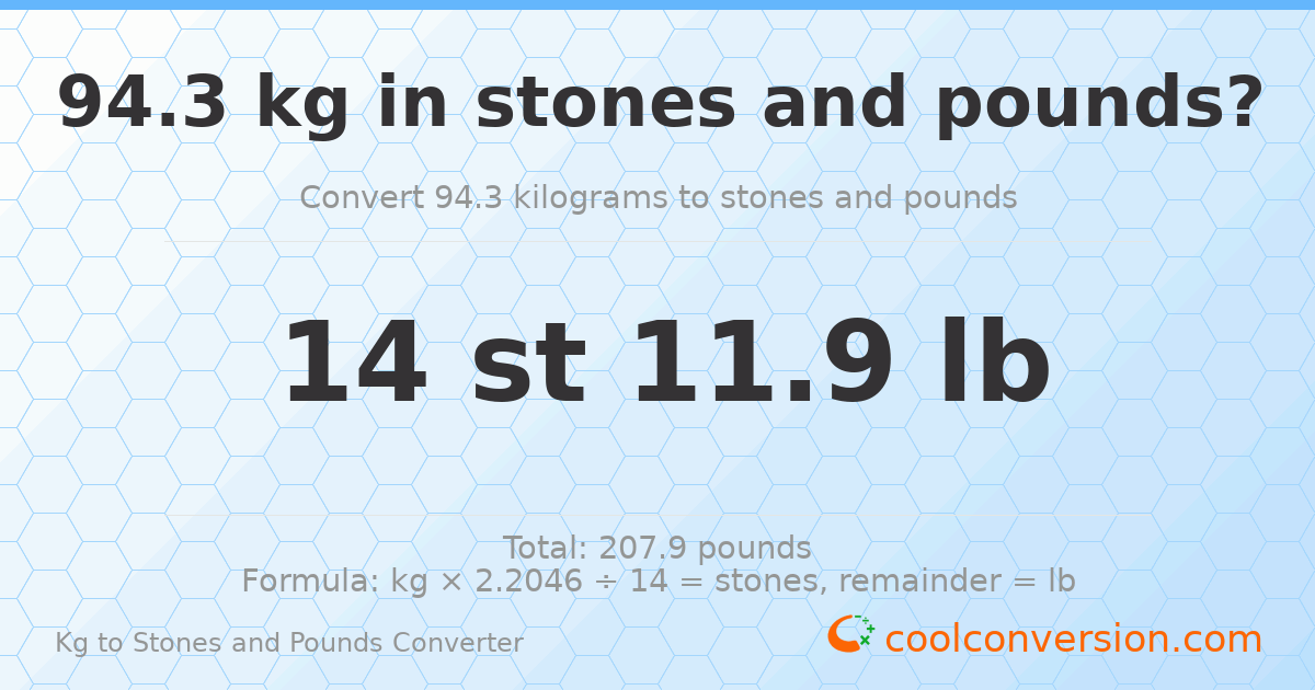 94.30 kg to stones and pounds — 94.30 kg = 14 st 11.90 lb