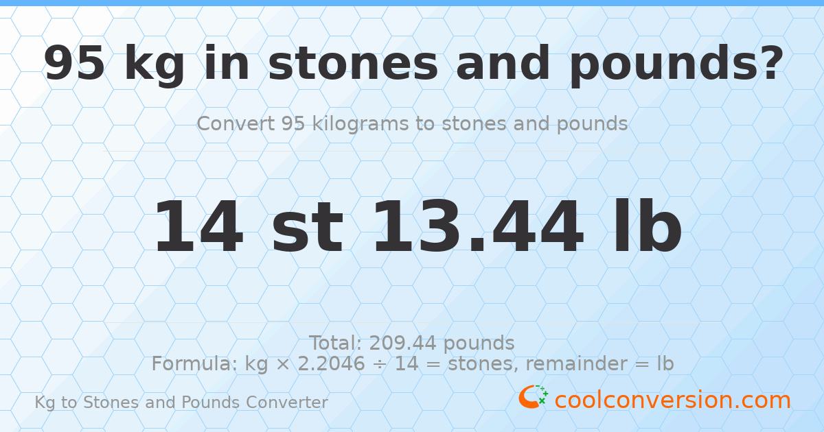 95 kg to stones and pounds — 95 kg = 14 st 13.44 lb
