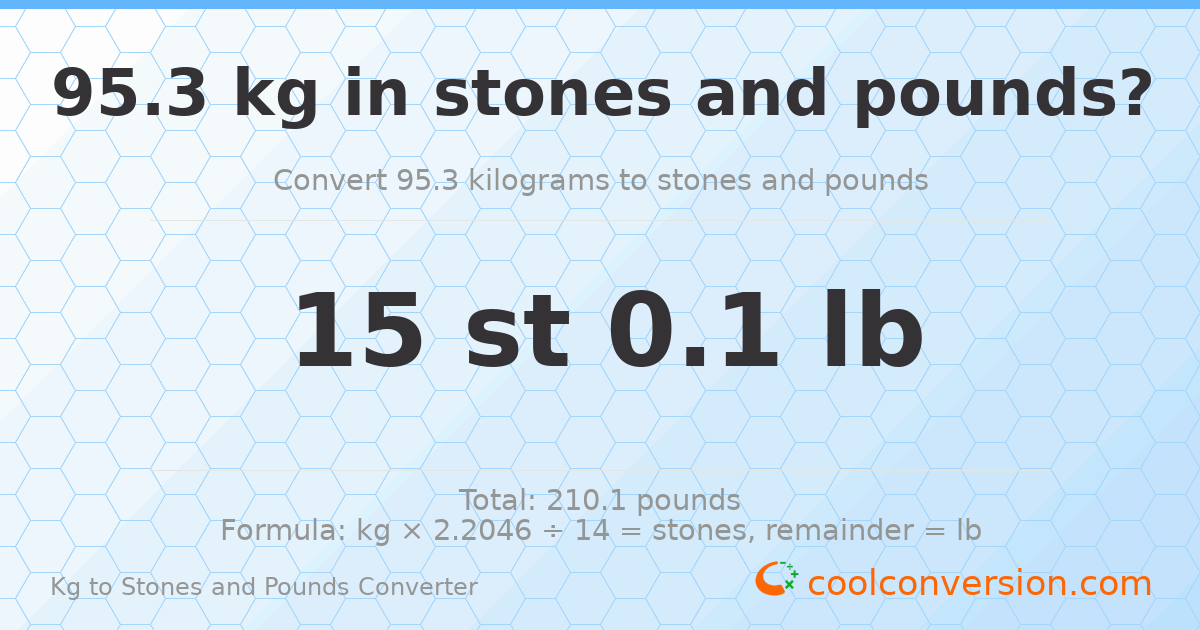 95.30 kg to stones and pounds — 95.30 kg = 15 st 0.10 lb