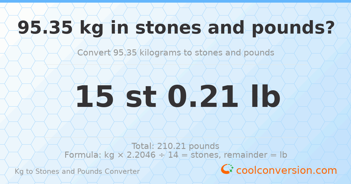 95.35 kg to stones and pounds — 95.35 kg = 15 st 0.21 lb