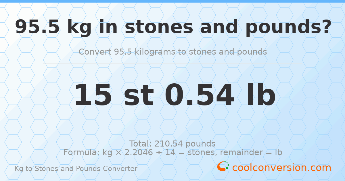 95.50 kg to stones and pounds — 95.50 kg = 15 st 0.54 lb