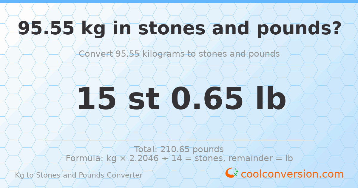95.55 kg to stones and pounds — 95.55 kg = 15 st 0.65 lb