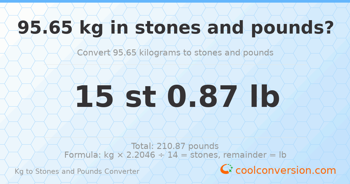 95.65 kg to stones and pounds — 95.65 kg = 15 st 0.87 lb