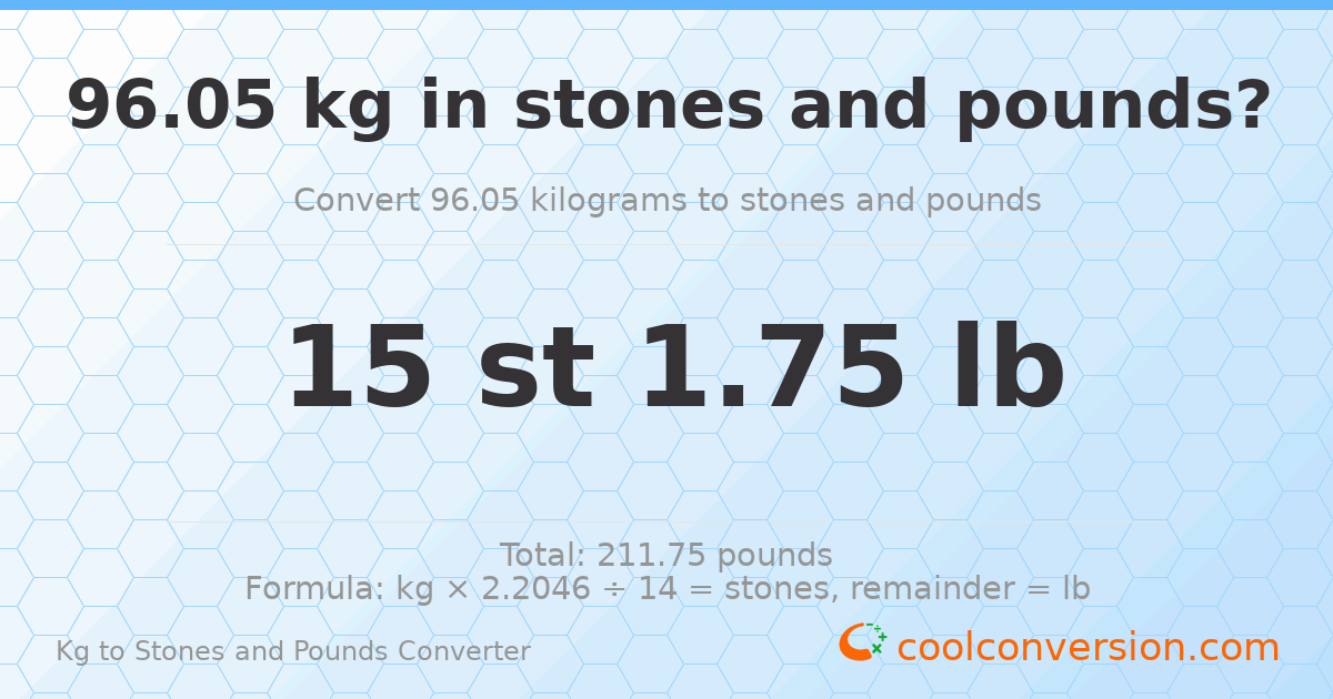 96.05 kg to stones and pounds — 96.05 kg = 15 st 1.75 lb