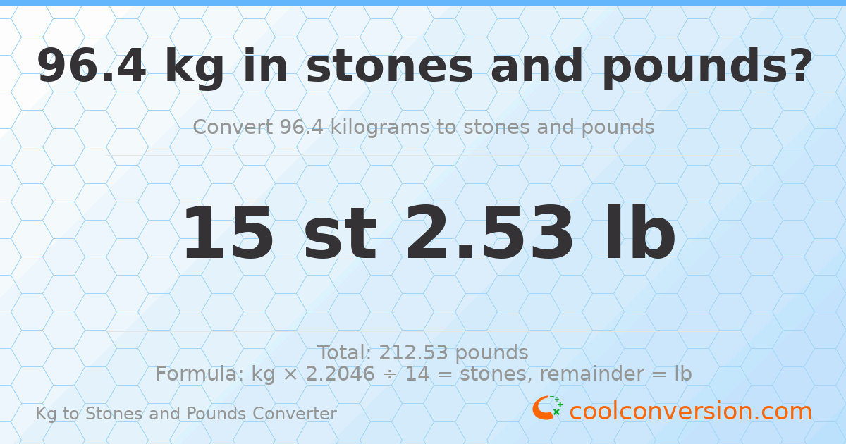 96.40 kg to stones and pounds — 96.40 kg = 15 st 2.53 lb
