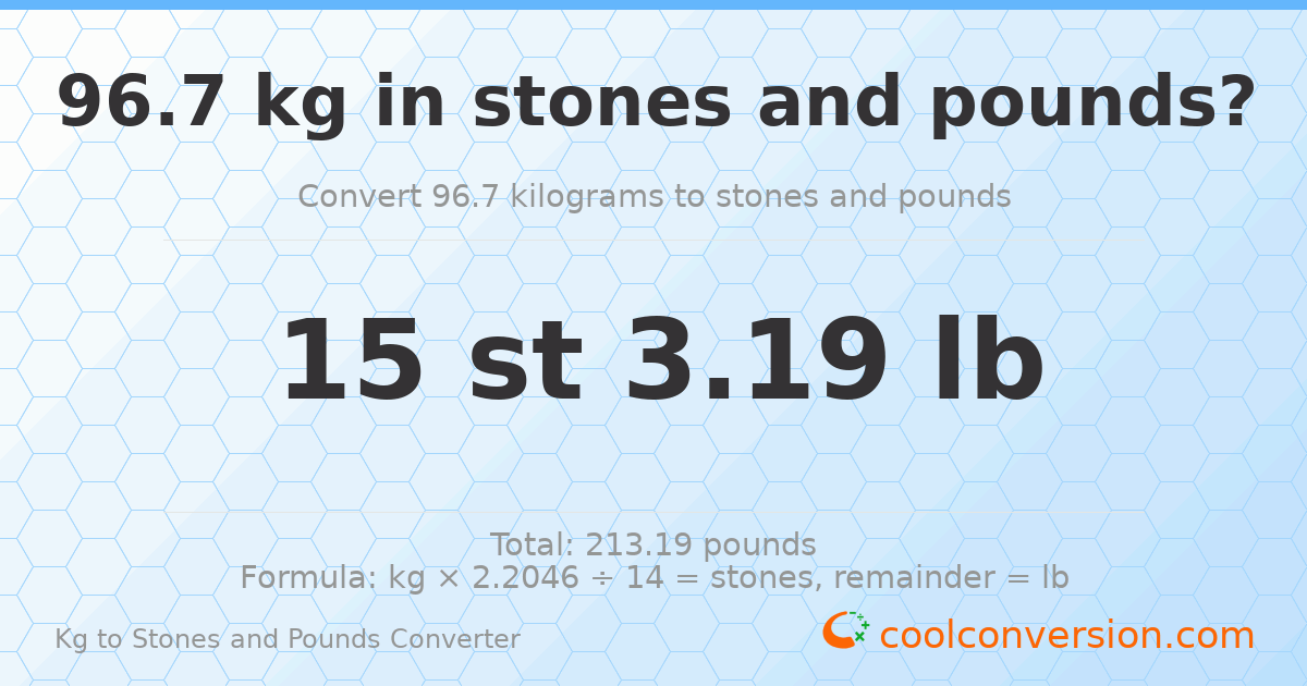 96.7 kg to stones and pounds — 96.7 kg = 15 st 3.19 lb