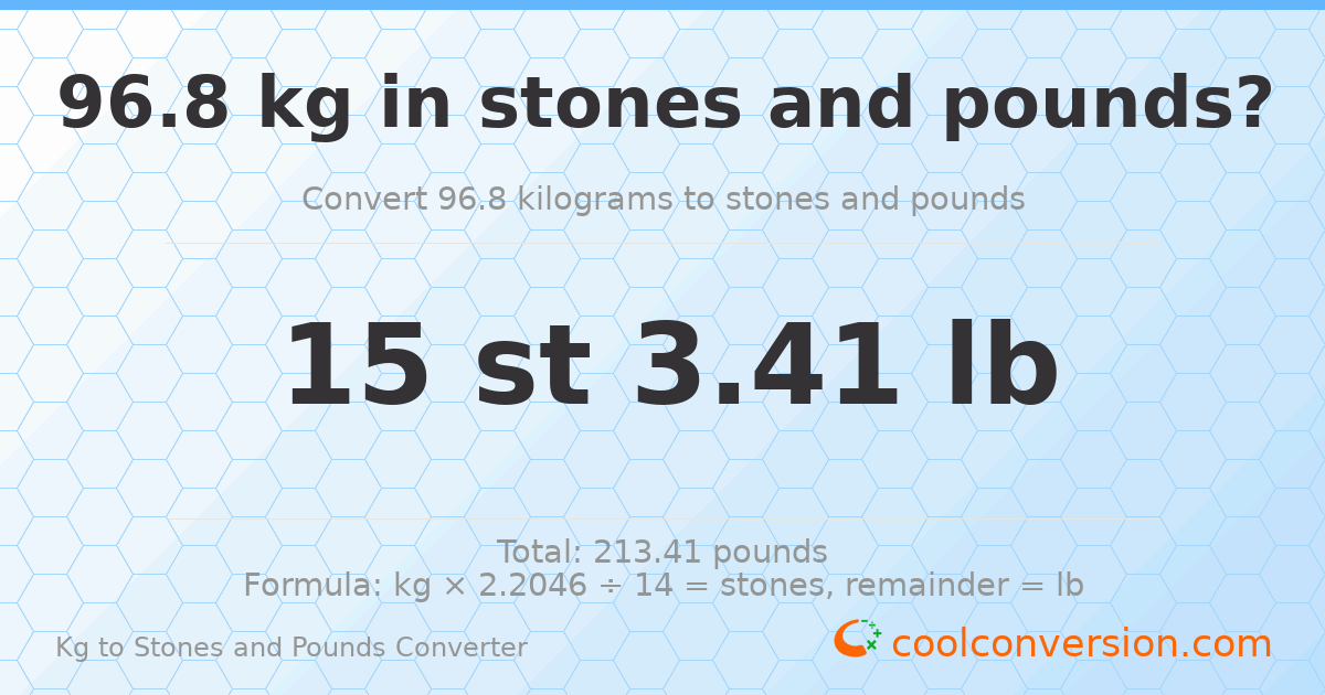 96.8 kg to stones and pounds — 96.8 kg = 15 st 3.41 lb