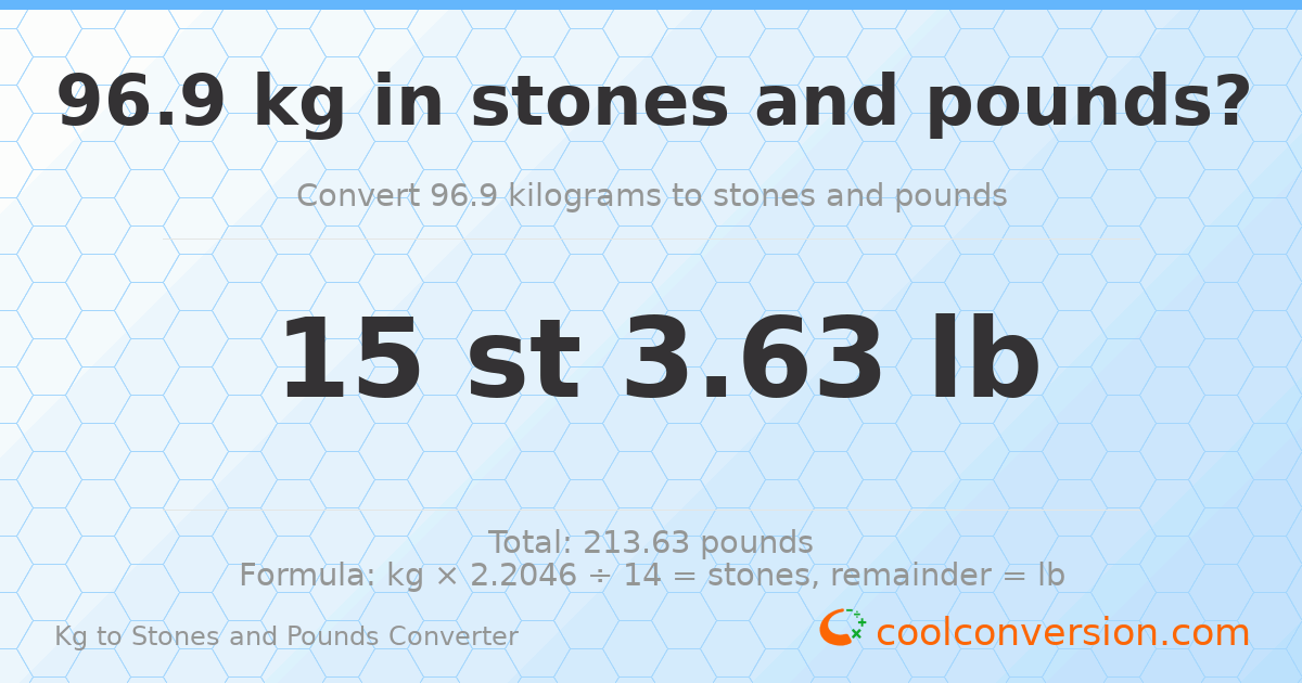96.9 kg to stones and pounds — 96.9 kg = 15 st 3.63 lb