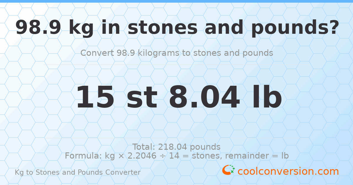 98.9 kg to stones and pounds — 98.9 kg = 15 st 8.04 lb