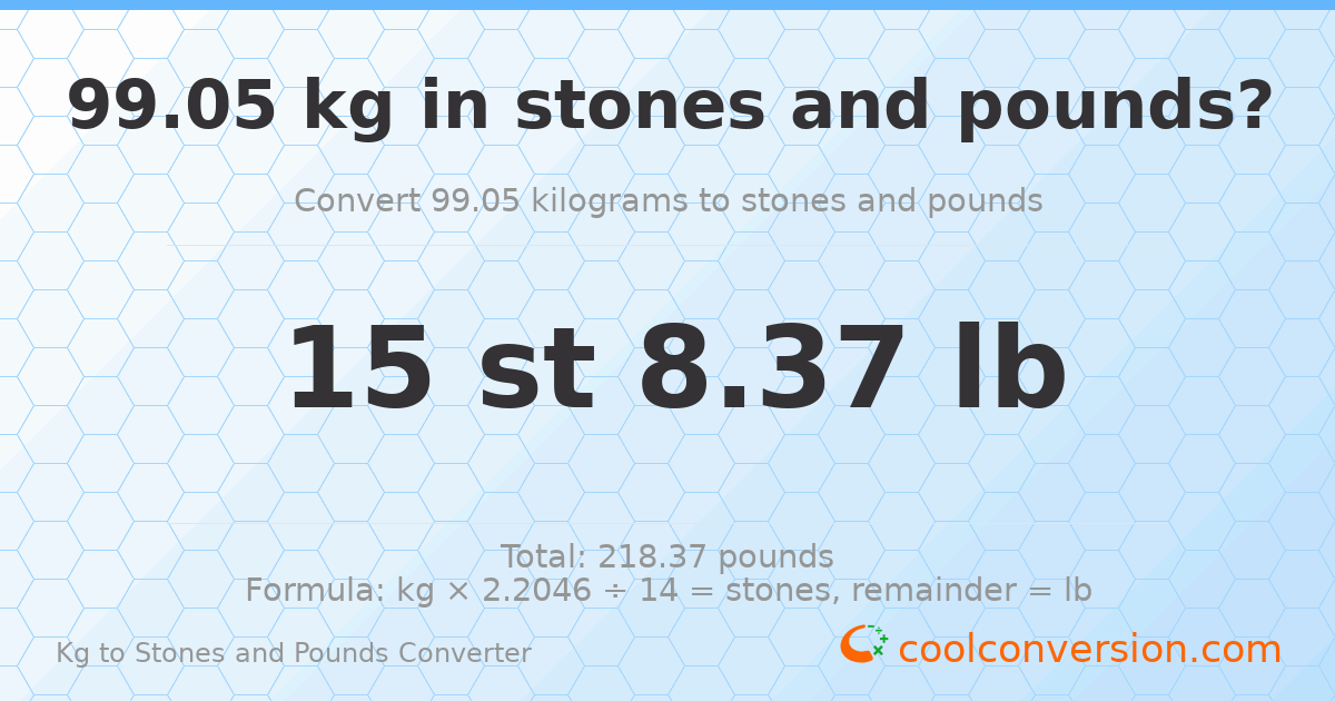 99.05 kg to stones and pounds — 99.05 kg = 15 st 8.37 lb
