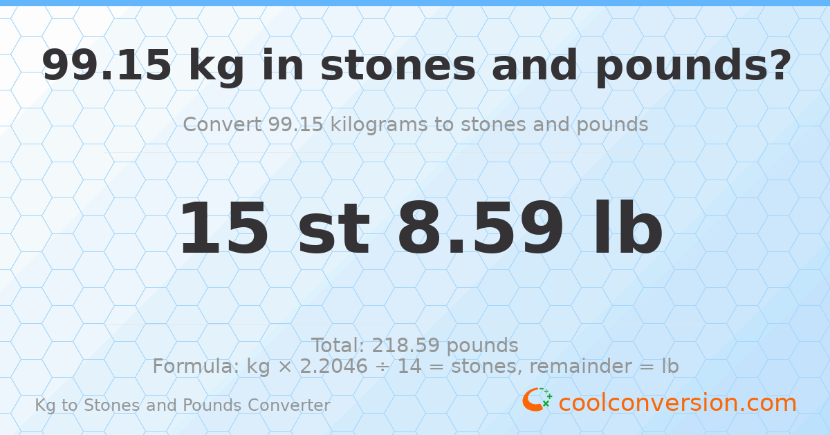 99.15 kg to stones and pounds — 99.15 kg = 15 st 8.59 lb