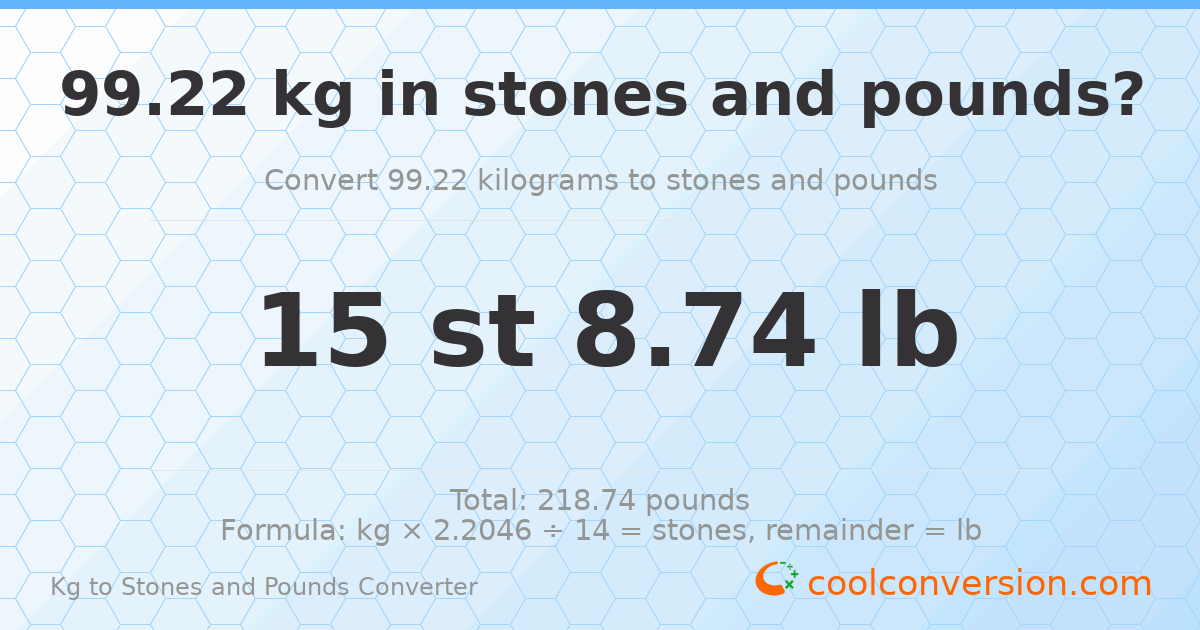 99.22 kg to stones and pounds — 99.22 kg = 15 st 8.74 lb
