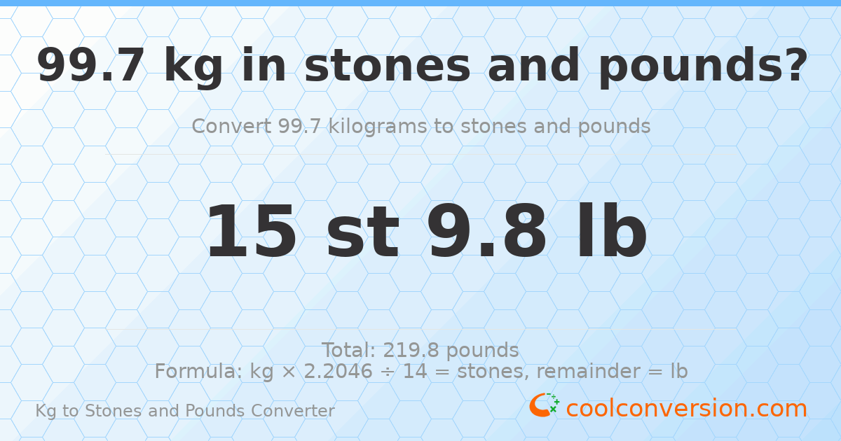 99.7 kg to stones and pounds — 99.7 kg = 15 st 9.80 lb