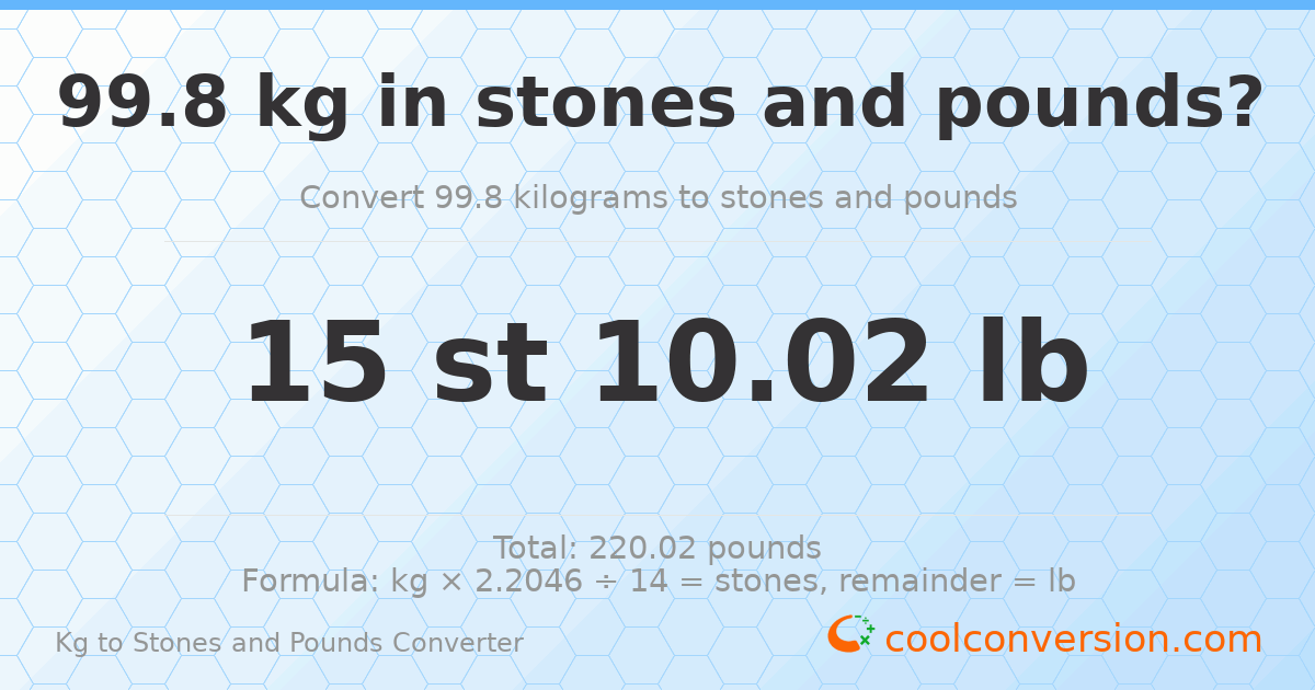 99.80 kg to stones and pounds — 99.80 kg = 15 st 10.02 lb