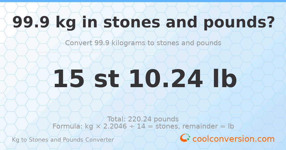 99.9 kg to stones and pounds — 99.9 kg = 15 st 10.24 lb
