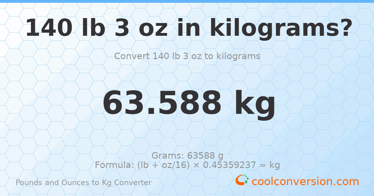 140 lb 3 oz to kg — 63.588 kg