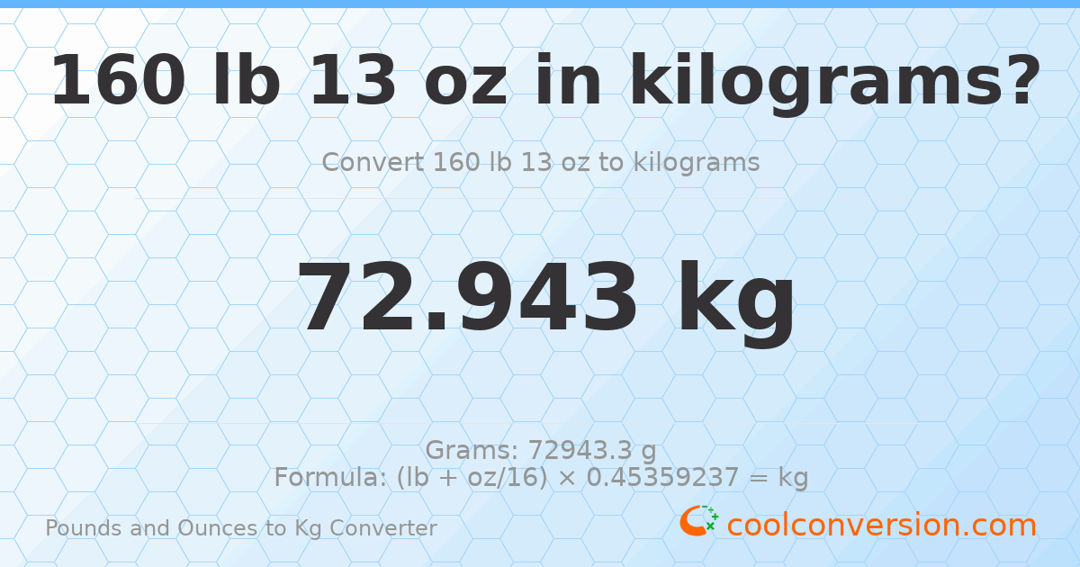 160 lb 13 oz to kg — 72.943 kg